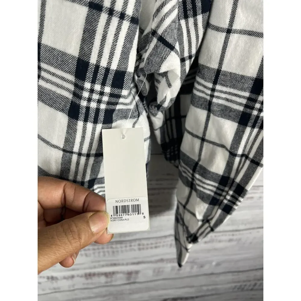 BP Shirt Women's Small Ivory Black Plaid Flannel Puff Sleeve Button Up Nordstrom - Picture 5 of 7